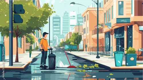 Illustration Street cleaner. Man with a broom. Janitor.