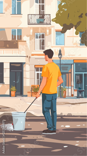 Illustration Street cleaner. Man with a broom. Janitor.