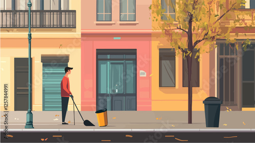 Illustration Street cleaner. Man with a broom. Janitor.