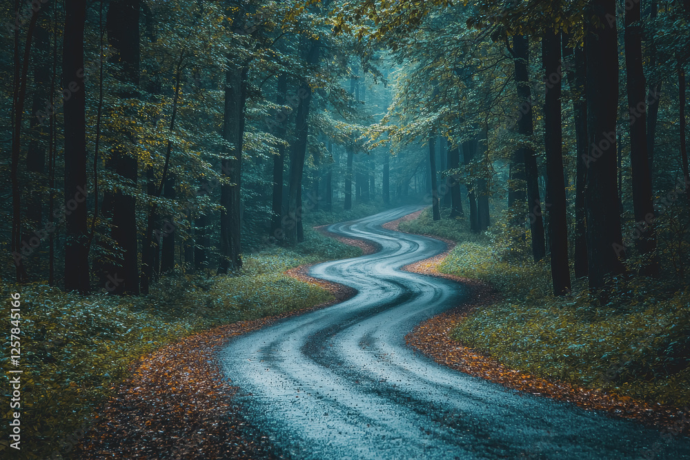 Fototapeta premium Winding road surrounded by lush green trees in a tranquil forest setting