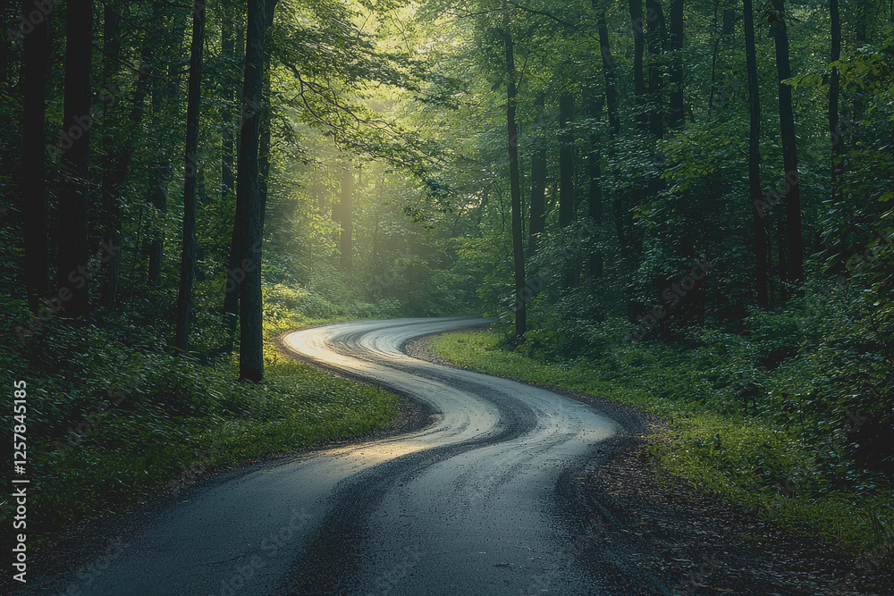 Obraz premium A winding road through a lush green forest surrounded by tall trees and natural scenery