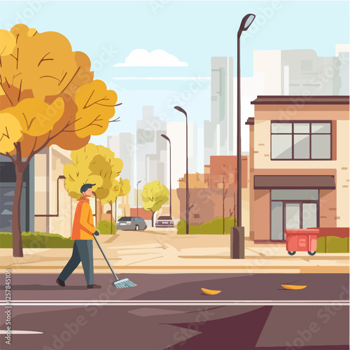 Illustration Street cleaner. Man with a broom. Janitor.