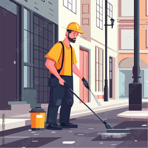 Illustration Street cleaner. Man with a broom. Janitor.