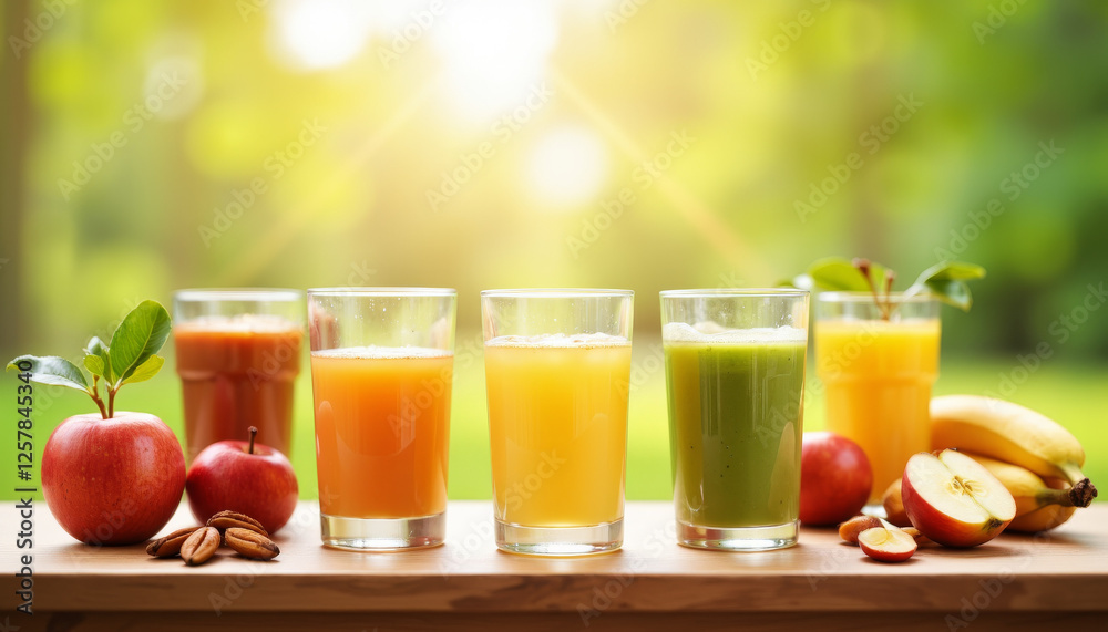 Fototapeta premium Freshly pressed juices on rustic table at dawn, health inspiration