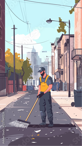 Illustration Street cleaner. Man with a broom. Janitor.