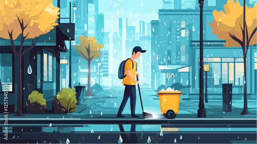 Illustration Street cleaner. Man with a broom. Janitor.