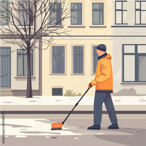 Illustration Street cleaner. Man with a broom. Janitor.