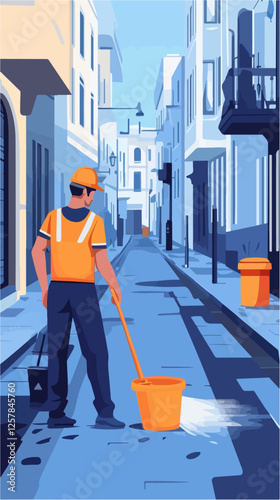 Illustration Street cleaner. Man with a broom. Janitor.