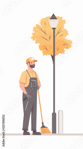 Illustration Street cleaner. Man with a broom. Janitor.