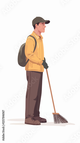 Illustration Street cleaner. Man with a broom. Janitor.