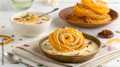 Jalebi with Rabdi: A decadent and visually appealing image showcasing a golden, spiral-shaped Jalebi resting elegantly in a bowl of creamy Rabdi, garnished with saffron and nuts.