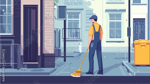Illustration Street cleaner. Man with a broom. Janitor.