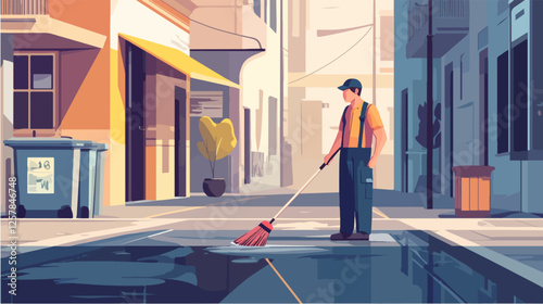 Illustration Street cleaner. Man with a broom. Janitor.
