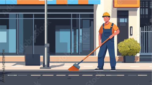 Illustration Street cleaner. Man with a broom. Janitor.