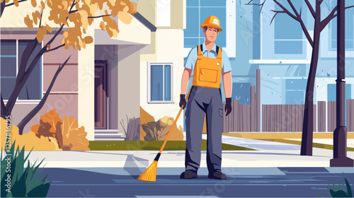 Illustration Street cleaner. Man with a broom. Janitor.
