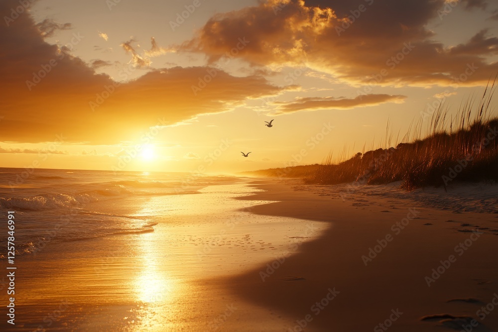 Obraz premium Golden sunset over a tranquil beach with gentle waves and flying birds