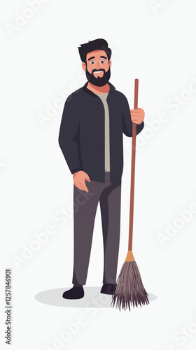 Illustration Street cleaner. Man with a broom. Janitor.