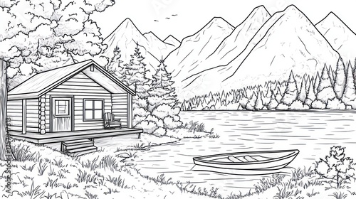 Lakeside cabin, mountain view, peaceful scene, coloring book page photo