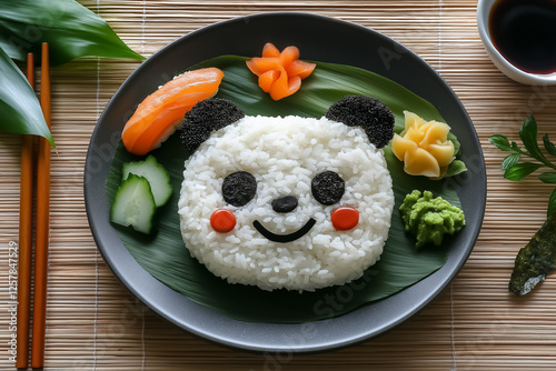 A sushi plate arranged to depict a panda with rice and seaweed details photo