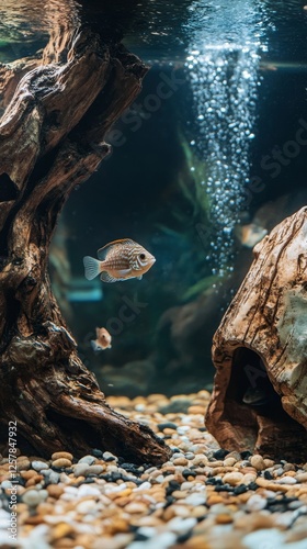 Fish in Aquarium with Driftwood and Pebbles