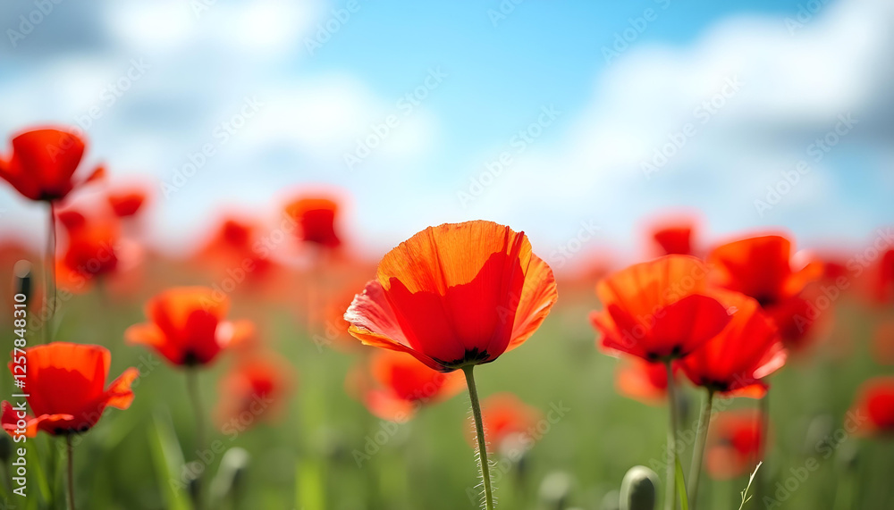 Vibrant Red Poppies in Full Bloom – Peaceful Field, Bright Blue Sky, Fluffy Clouds, Serene Natural Beauty, and Fresh Spring Atmosphere. Vibrant Red Poppies in Full Bloom – Peaceful Field, Bright Blue Sky, Fluffy Clouds, Serene Natural Beauty, and Fresh Spring Atmosphere.