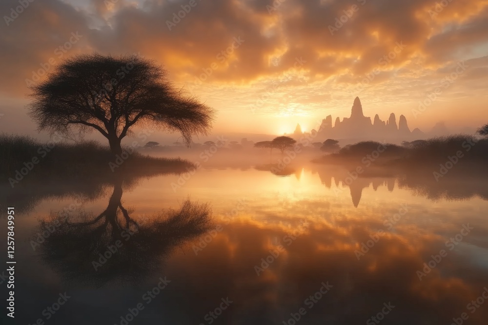 Fototapeta premium Serene sunrise over misty landscape with silhouettes of distant mountains and reflective waters
