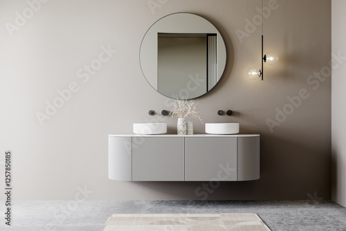 Modern bathroom interior with a floating vanity, round mirror, double vessel sinks, and minimalist lighting against a neutral wall. Elegant and contemporary design. 3D rendering.
