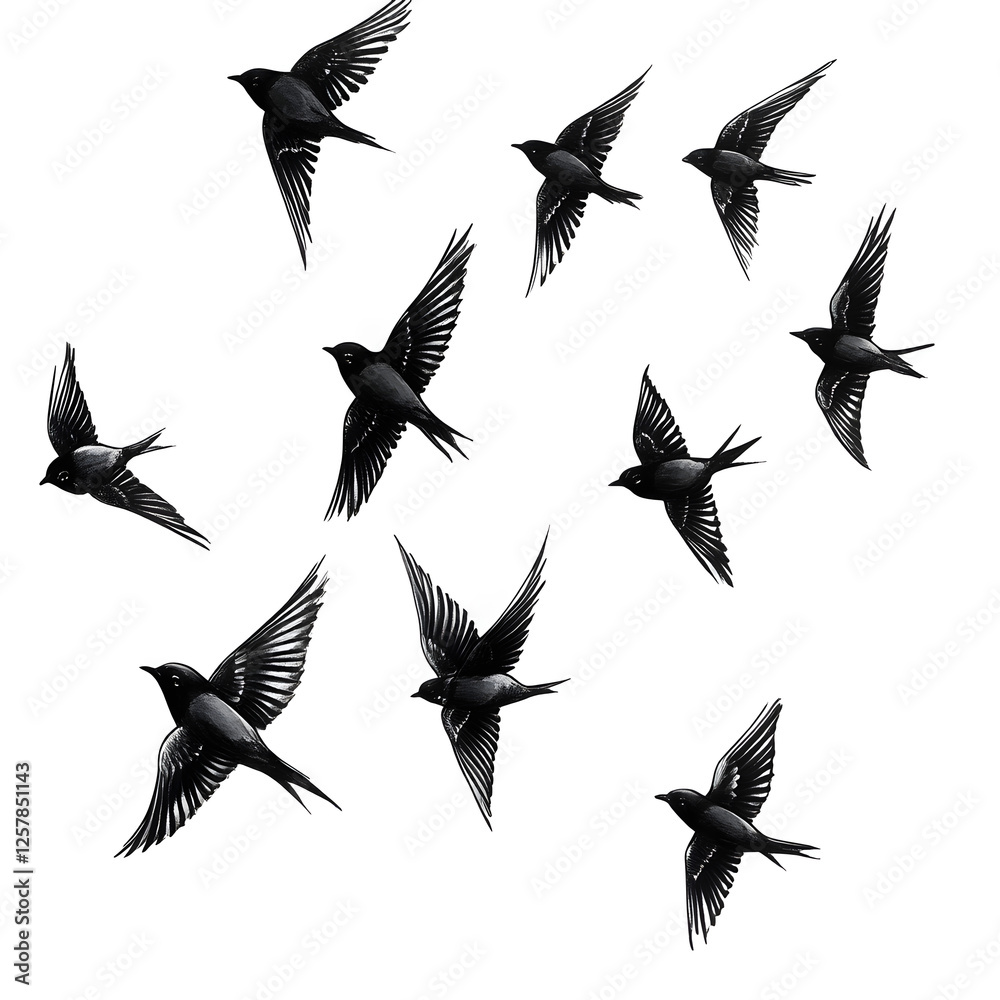 Fototapeta premium Flying birds silhouettes on white background. Vector illustration. isolated bird flying. tattoo design