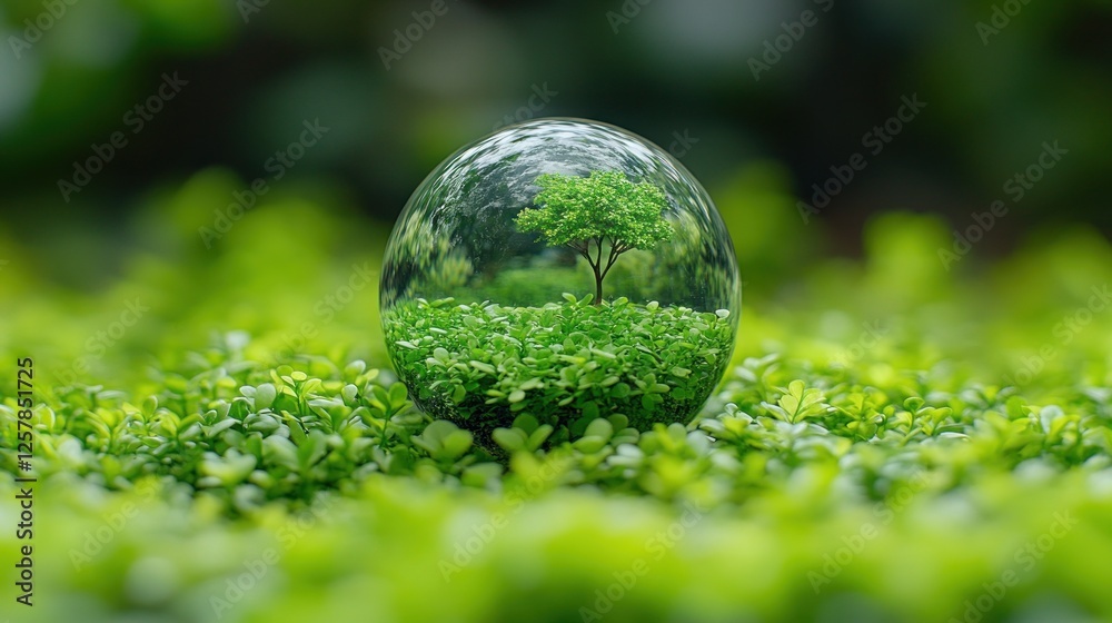 Crystal ball reflecting tree, green foliage Crystal ball reflecting tree, green foliage