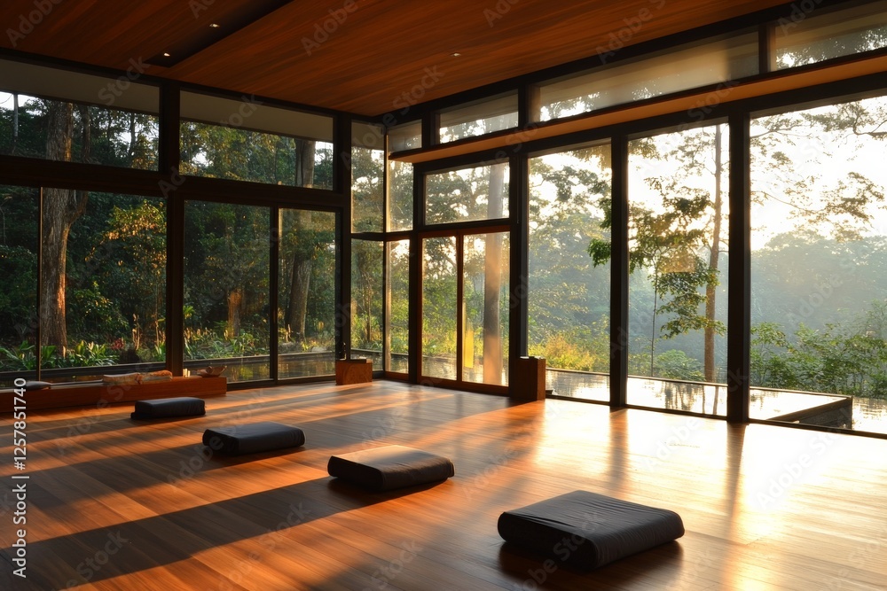 Obraz premium Modern meditation space surrounded by nature with large windows during sunrise