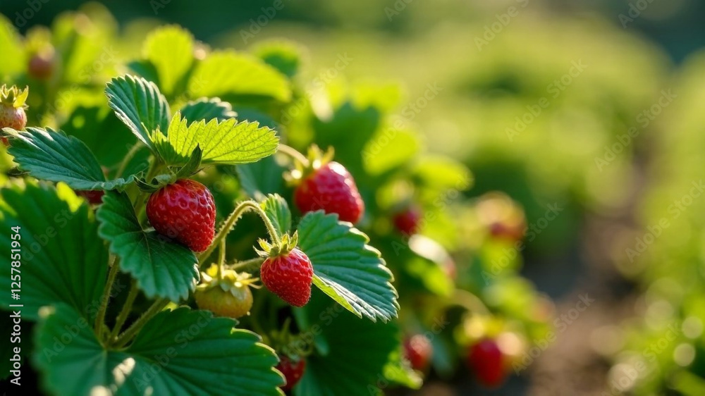 Ripe strawberries in the garden, sunny day Ripe strawberries in the garden, sunny day
