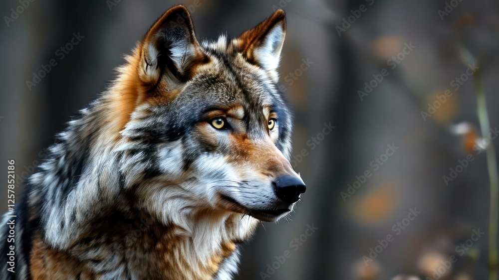Fototapeta premium Majestic wolf portrait in natural forest setting, showcasing powerful features and alert demeanor