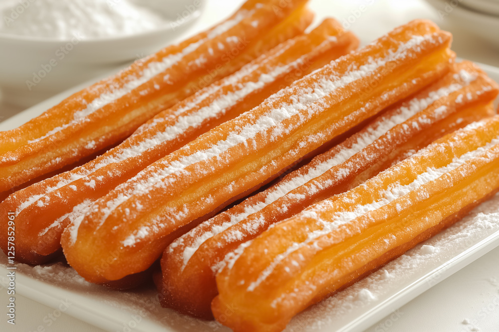 Traditional churros arranged neatly on a white plate with powdered sugar Traditional churros arranged neatly on a white plate with powdered sugar