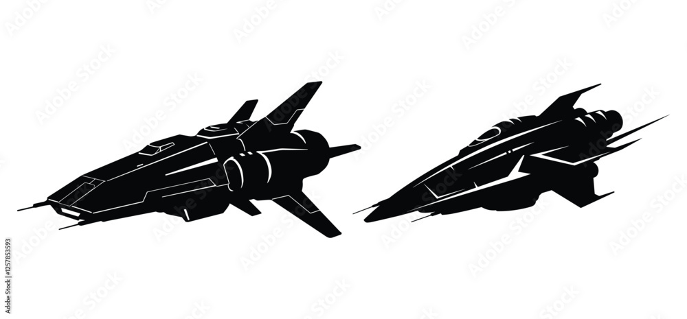 A spaceship Vector Art and silhouette on a white background A spaceship Vector Art and silhouette on a white background