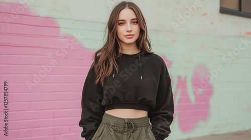 Stylish Model in Cropped Hoodie and Baggy Pants Against Vibrant Urban Mural Background