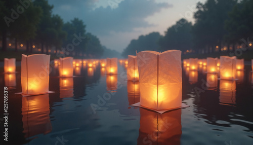 Chinese Lanterns Floating on Water Creating a Serene and Festive Atmosphere  