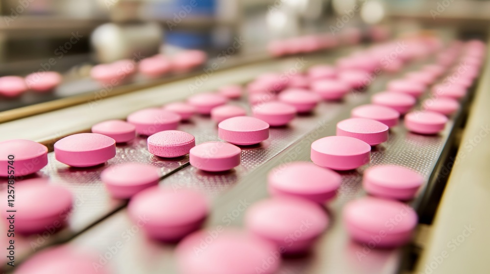 Close-up of pharmaceutical pills on a production line in a factory, symbolizing medicine manufacturing, healthcare industry, and quality control, with copy space for text or design. Close-up of pharmaceutical pills on a production line in a factory, symbolizing medicine manufacturing, healthcare industry, and quality control, with copy space for text or design.