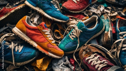 A pile of old, colorful sneakers discarded in a landfill, waste and environmental concerns over fast fashion and consumerism