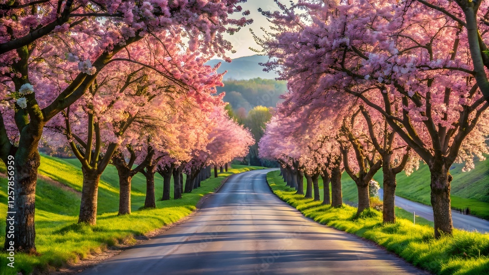 Scenic Road Lined with Cherry Blossoms Scenic Road Lined with Cherry Blossoms