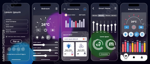 Sleek vector illustration of a smart home app interface displayed on a smartphone. The design features a glass base, modern icons and controls.