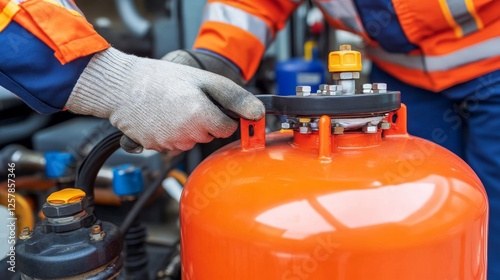 Wallpaper Mural Close-up of a worker handling an LPG cylinder in an industrial setting, wearing a uniform jacket with reflective stripes, gloves, and a helmet, symbolizing safety, hard work, gas industry operations. Torontodigital.ca