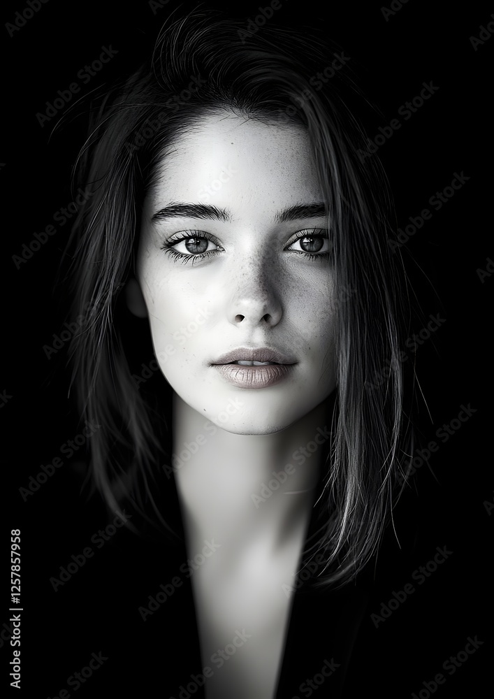 Fototapeta premium Striking and Captivating Monochrome Portrait of a Poised Female Subject with Delicate yet Determined Features Vintage inspired Styling and Dramatic Chiaroscuro Lighting in a Minimalist Composition