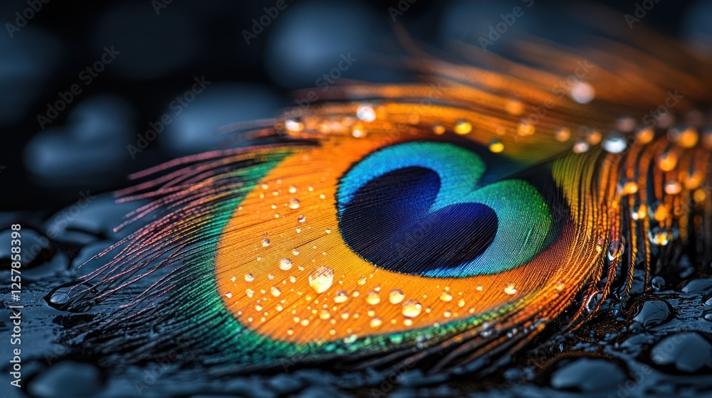 Fototapeta premium Dew-kissed peacock feather on stones, dark background, nature design