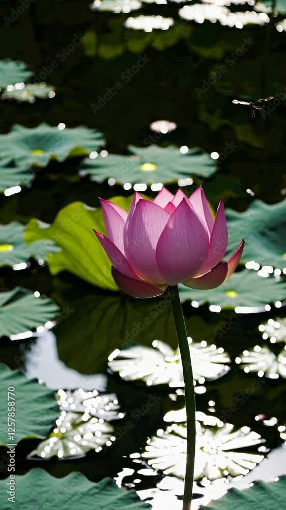 A serene video still of a lotus flower in bloom, captured from a low angle, showcasing its vibrant petals against a reflective pond surface. Mobile wallpaper ratio.