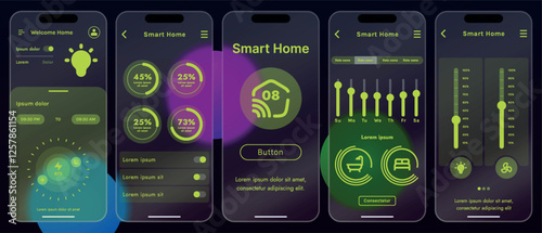 Sleek vector illustration of a smart home app interface displayed on a smartphone. The design features a glass base, modern icons and controls.