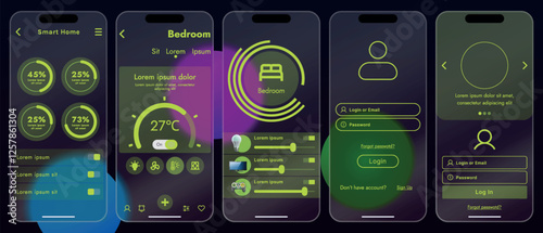 Sleek vector illustration of a smart home app interface displayed on a smartphone. The design features a glass base, modern icons and controls.