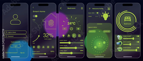 Sleek vector illustration of a smart home app interface displayed on a smartphone. The design features a glass base, modern icons and controls.