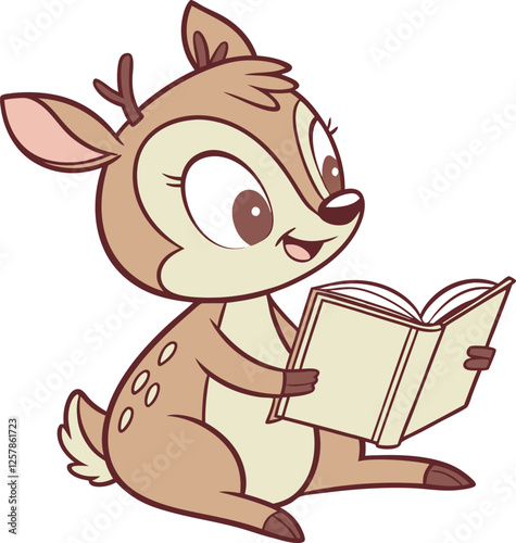 Cute cartoon baby deer reading a red book vector illustration