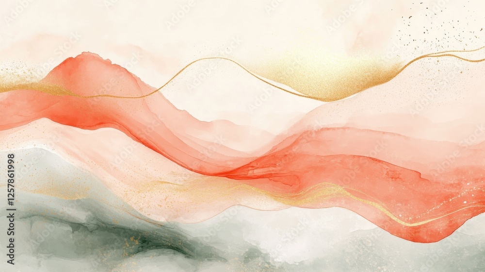 Fototapeta premium Mountain background vector. Minimal landscape art with watercolor brush and golden line art texture. Abstract art wallpaper for prints, Art Decoration, wall arts and canvas prints.