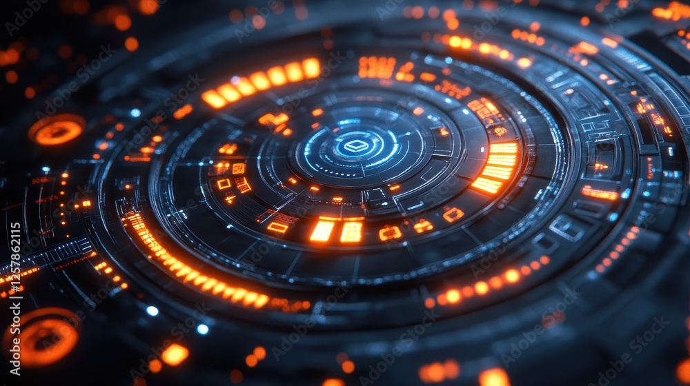Futuristic tech interface, glowing circles, dark background, digital art, website design Futuristic tech interface, glowing circles, dark background, digital art, website design